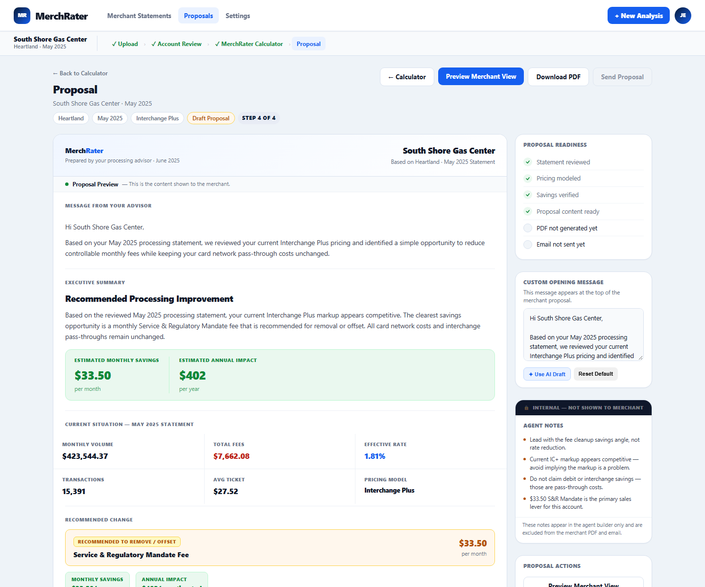 MerchRater proposal builder: a merchant-facing proposal preview with an advisor message, executive summary, estimated monthly savings and annual impact, current statement figures, plus proposal readiness, custom opening message, and Download PDF and Send Proposal actions