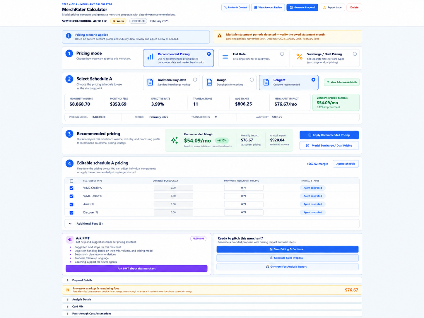 Residual Calculator screen: pricing mode set to Recommended Pricing, three Schedule A options with one selected, merchant volume and fee figures, a recommended margin of $54.09 per month, and an editable Schedule A pricing table
